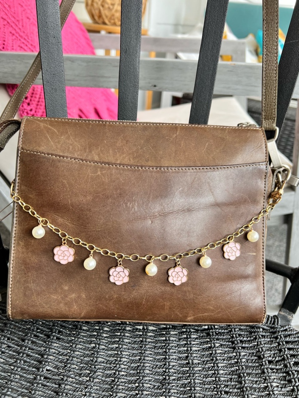 Two Camellia enamel rose and pearl
Bag chains gold tone with faux white pearl.